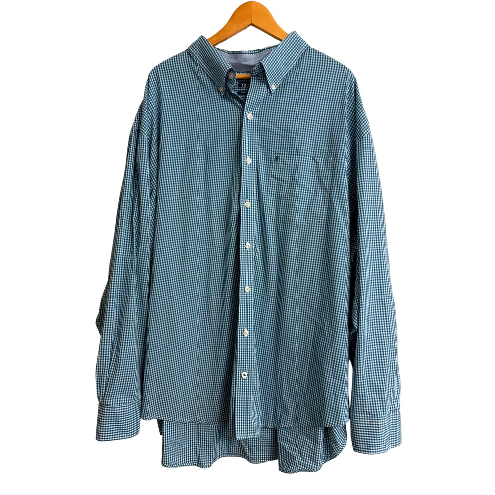 IZOD Button Down Shirt 4XL Mens Teal Gingham Non-Iron Stretch Casual Office